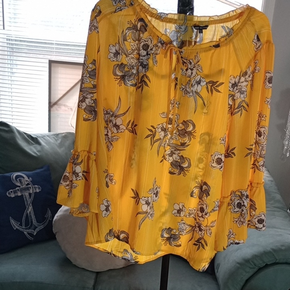 Unique Spectrum Gold Ruffled 3/4 Sleeve Floral Print Blouse, Sheer, New 3X
